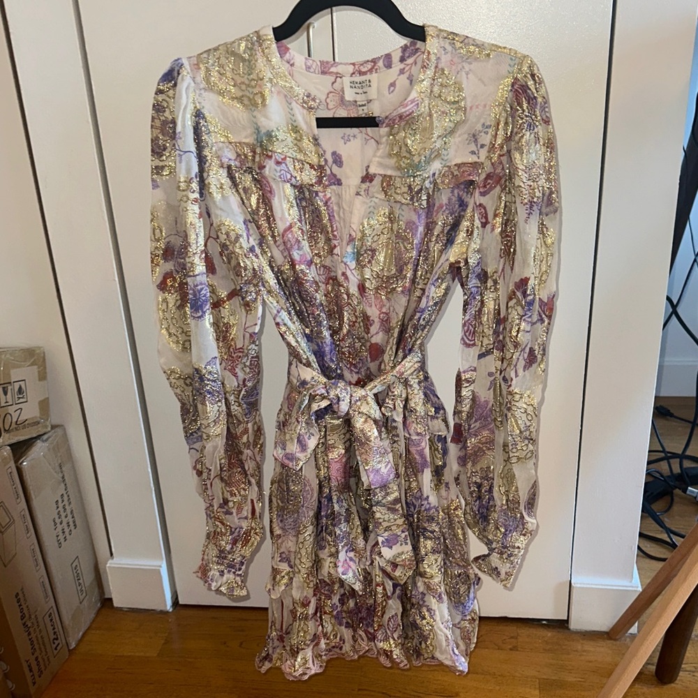 HEMANT & NANDITA Purple and Gold Long Sleeve Dress